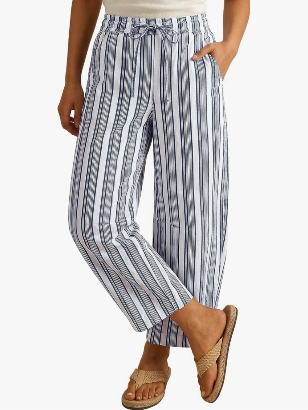 Luvamia High-Rise Wide Leg Barrel Pants-Navy & White Stripes - Picture 3 of 14